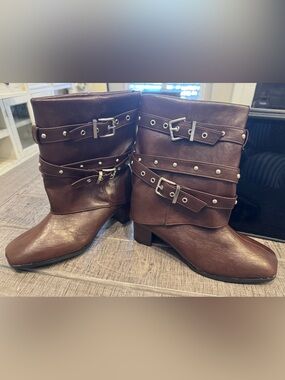 Women's Brown Buckle Mid Calf  Boots